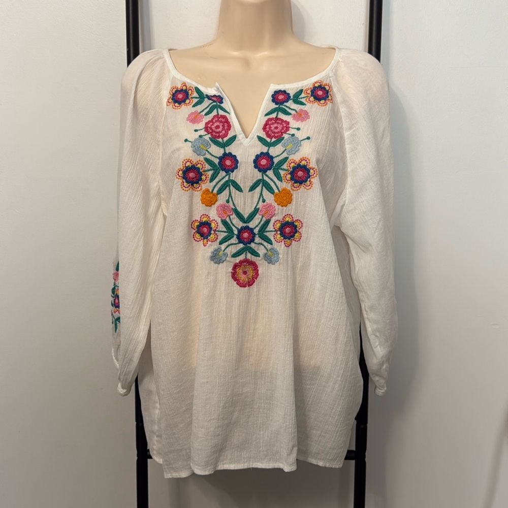 Talbots Petite Blouse Women LP White Sheer Embroidered Cotton Boho Top New